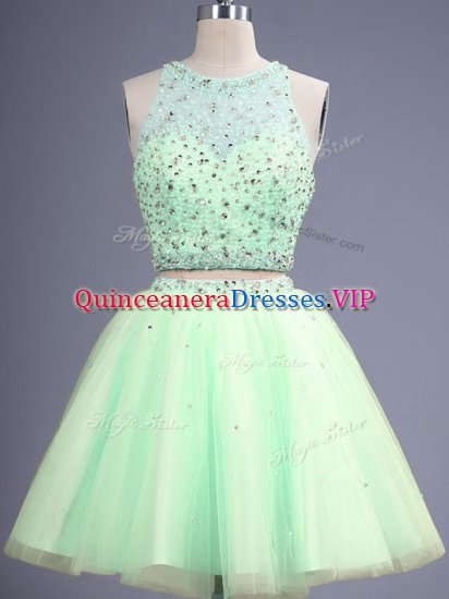 Edgy Sleeveless Tulle Knee Length Lace Up Court Dresses for Sweet 16 in Yellow Green with Beading - Click Image to Close
