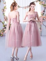 Elegant Pink Tulle Lace Up Damas Dress Sleeveless Tea Length Appliques and Belt
