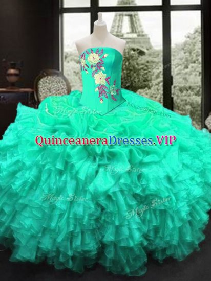 Most Popular Organza Strapless Sleeveless Lace Up Embroidery and Ruffles Quinceanera Dress in Turquoise - Click Image to Close