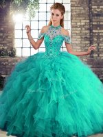 Enchanting Turquoise Halter Top Lace Up Beading and Ruffles 15th Birthday Dress Sleeveless(SKU SJQDDT2115002-6BIZ)