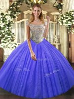 Exquisite Ball Gowns Ball Gown Prom Dress Blue Off The Shoulder Tulle and Sequined Sleeveless Floor Length Lace Up