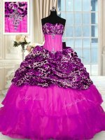 Printed Sleeveless Sweep Train Beading and Ruffled Layers and Sequins Lace Up Vestidos de Quinceanera