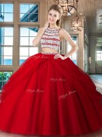 Modest Scoop Beading and Pick Ups Quince Ball Gowns Red Backless Sleeveless Floor Length(SKU SXQD044-1BIZ)