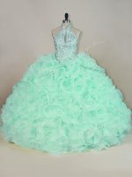 Smart Apple Green Ball Gowns Beading and Ruffles Quinceanera Gowns Lace Up Fabric With Rolling Flowers Sleeveless