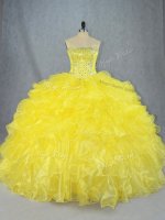 Sumptuous Strapless Sleeveless Organza 15th Birthday Dress Beading and Ruffles Lace Up