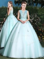 Dynamic Scoop Sleeveless Beading and Appliques Lace Up Quinceanera Gowns with Light Blue Brush Train