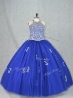 Cheap Tulle Halter Top Sleeveless Lace Up Beading 15 Quinceanera Dress in Blue