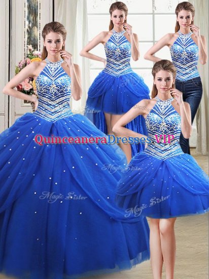 Chic Four Piece Royal Blue Halter Top Lace Up Beading and Pick Ups Vestidos de Quinceanera Sleeveless - Click Image to Close