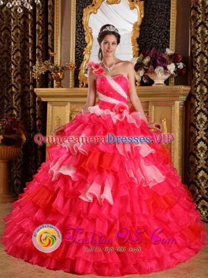 Colorful Hand Made Flowers Decorate One Shoulder and Ruffles Layered For Ball Gown Quinceanera Dress IN GeneseoNY - Click Image to Close