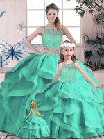 Floor Length Lace Up Quince Ball Gowns Turquoise for Sweet 16 and Quinceanera with Beading and Lace and Ruffles