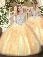 Custom Made Gold Tulle Zipper 15th Birthday Dress Sleeveless Floor Length Beading and Ruffles
