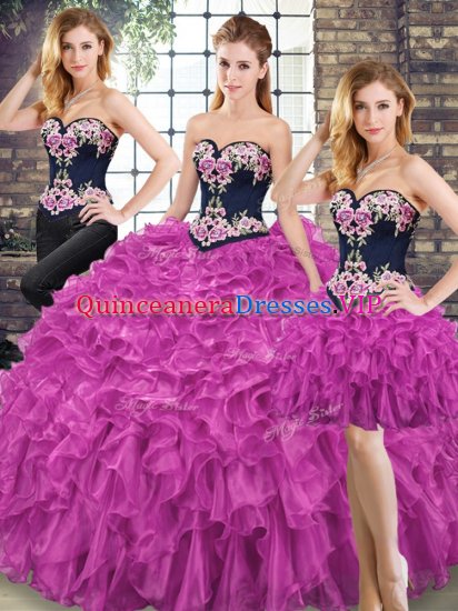 Customized Organza Sweetheart Sleeveless Lace Up Embroidery and Ruffles Ball Gown Prom Dress in Fuchsia - Click Image to Close