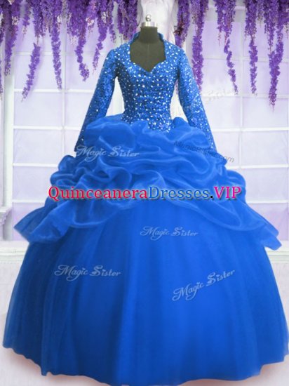 Blue Organza Zipper 15th Birthday Dress Long Sleeves Floor Length Sequins and Pick Ups - Click Image to Close