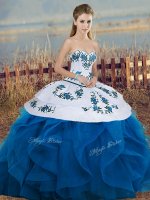 Perfect Blue And White Sweetheart Neckline Embroidery and Ruffles and Bowknot Sweet 16 Quinceanera Dress Sleeveless Lace Up