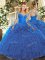 Eye-catching Long Sleeves Floor Length Lace and Ruffles Lace Up 15 Quinceanera Dress with Blue