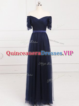 Vintage Navy Blue Off The Shoulder Lace Up Ruching Court Dresses for Sweet 16 Short Sleeves