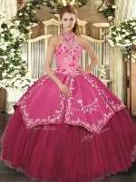 Spectacular Coral Red Satin and Tulle Lace Up Sweet 16 Quinceanera Dress Sleeveless Floor Length Beading and Embroidery(SKU SJQDDT1274002-1BIZ)