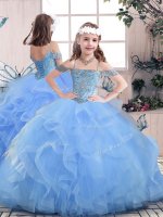 Custom Design Straps Sleeveless Little Girl Pageant Gowns Floor Length Beading Blue Tulle