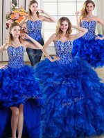 Four Piece Sweetheart Sleeveless Brush Train Lace Up Quinceanera Gown Royal Blue Organza