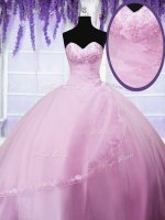 Baby Pink Ball Gowns Appliques Sweet 16 Dress Lace Up Tulle Sleeveless Floor Length