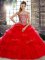 Red Ball Gowns Off The Shoulder Sleeveless Tulle Brush Train Lace Up Beading and Pick Ups Ball Gown Prom Dress