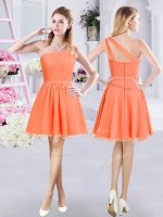 Perfect One Shoulder Orange A-line Ruching Damas Dress Zipper Chiffon Sleeveless Mini Length
