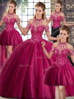 Halter Top Sleeveless Brush Train Lace Up Vestidos de Quinceanera Fuchsia Tulle(SKU SJQDDT2110008BIZ)