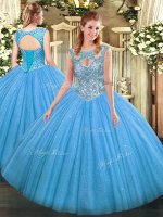 Free and Easy Baby Blue Tulle Lace Up Scoop Sleeveless Floor Length Quinceanera Dress Beading