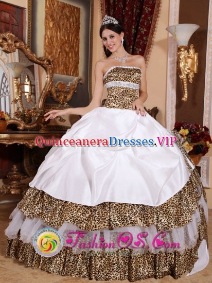 Newport Rhode Island/RI Beading Decorate Bodice Informal White Quinceanera Dress Strapless and sexy Leopard Ball Gown - Click Image to Close