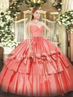 Watermelon Red Ball Gowns Beading and Lace and Ruffled Layers Sweet 16 Quinceanera Dress Zipper Organza Sleeveless Floor Length