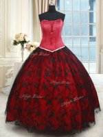 Floor Length Lace Up Quinceanera Dress Black and Red for Military Ball and Sweet 16 and Quinceanera with Lace