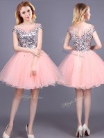 Pink Tulle Zipper Dama Dress Short Sleeves Mini Length Sequins