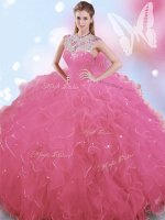 Tulle High-neck Sleeveless Zipper Beading Quinceanera Gowns in Rose Pink
