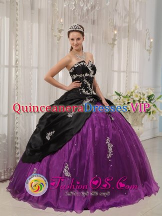 Port Aransas TX Modest white Appliques Decorate Black and Purple Quinceanera Dress