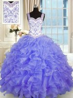 Inexpensive Sweetheart Sleeveless 15 Quinceanera Dress Floor Length Beading and Appliques and Ruffles Purple Organza