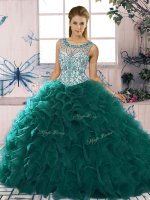 Best Ball Gowns Quinceanera Gowns Peacock Green Scoop Organza Sleeveless Floor Length Lace Up