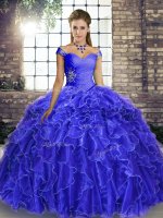 Adorable Royal Blue Sleeveless Organza Brush Train Lace Up Sweet 16 Dresses for Military Ball and Sweet 16 and Quinceanera