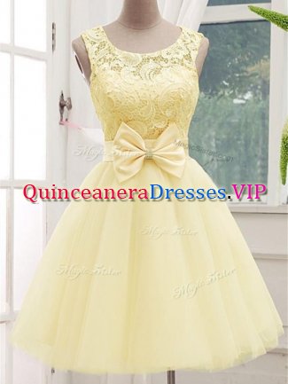 Attractive Sleeveless Knee Length Lace and Bowknot Lace Up Court Dresses for Sweet 16 with Light Yellow