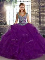 Purple Straps Neckline Beading and Ruffles Sweet 16 Dress Sleeveless Lace Up