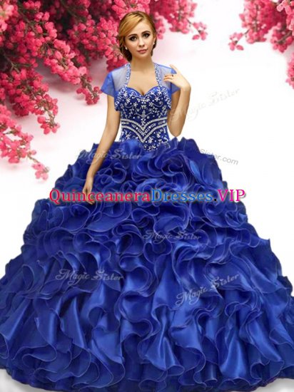 Beading and Ruffles Quinceanera Dress Royal Blue Lace Up Sleeveless Floor Length - Click Image to Close