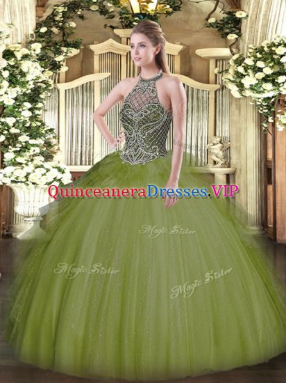 Halter Top Sleeveless Lace Up Vestidos de Quinceanera Olive Green Tulle - Click Image to Close