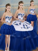 Best Selling Royal Blue Ball Gowns Sweetheart Sleeveless Tulle Floor Length Lace Up Embroidery and Bowknot Quinceanera Dress