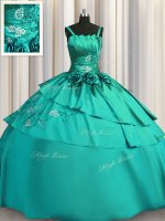 Beading and Embroidery Military Ball Dresses Turquoise Lace Up Sleeveless Floor Length