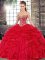 Comfortable Floor Length Lace Up Quinceanera Gowns Red for Military Ball and Sweet 16 and Quinceanera with Beading and Ruffles