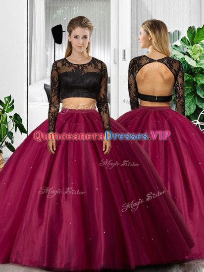 Fuchsia Long Sleeves Lace and Ruching Floor Length 15th Birthday Dress - Click Image to Close