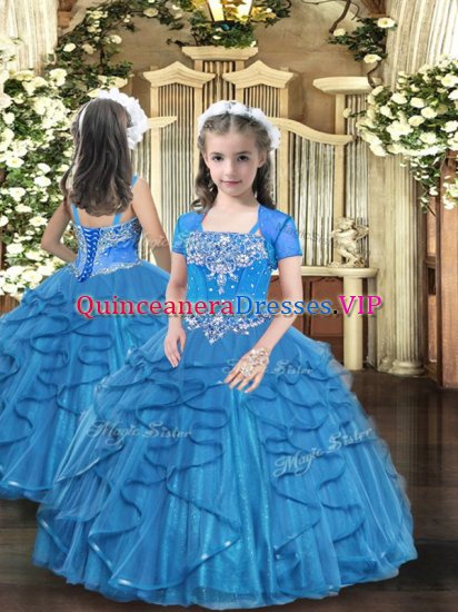 New Arrival Baby Blue Lace Up Straps Beading and Ruffles Little Girl Pageant Dress Tulle Sleeveless - Click Image to Close