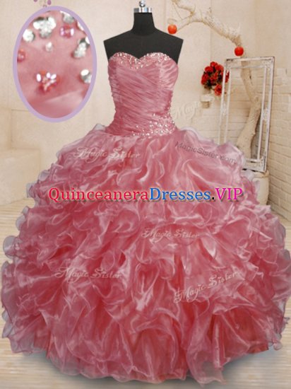 Sweetheart Sleeveless 15 Quinceanera Dress Floor Length Beading and Ruffles Watermelon Red Organza - Click Image to Close