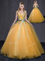 Sophisticated Ball Gowns 15 Quinceanera Dress Gold V-neck Tulle Sleeveless Floor Length Lace Up(SKU YCQD0168-10BIZ)
