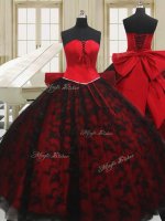 Floor Length Lace Up Sweet 16 Dresses Red for Military Ball and Sweet 16 and Quinceanera with Beading and Bowknot