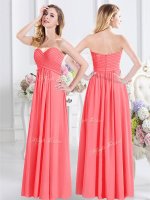 Superior Floor Length Watermelon Red Court Dresses for Sweet 16 Chiffon Sleeveless Ruching
